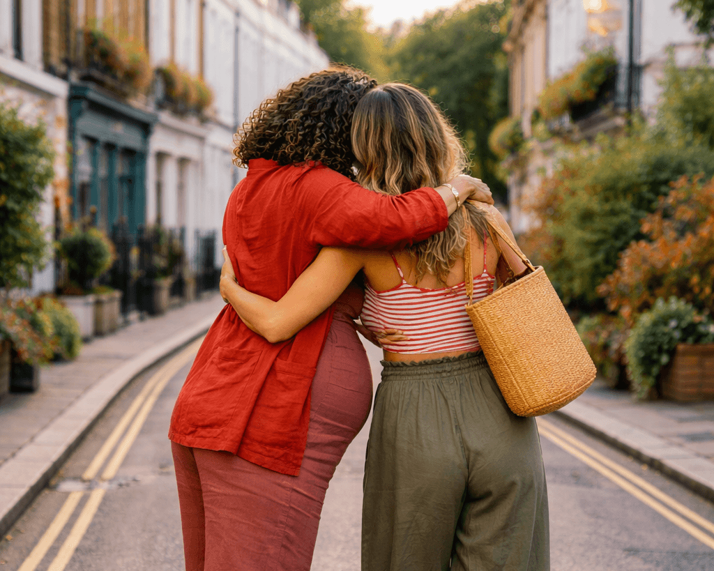 Two friends embracing on a London street