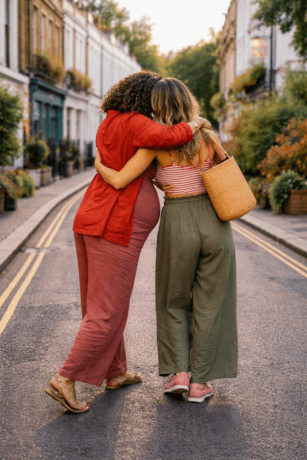 Two friends walking arm-in-arm down a London street